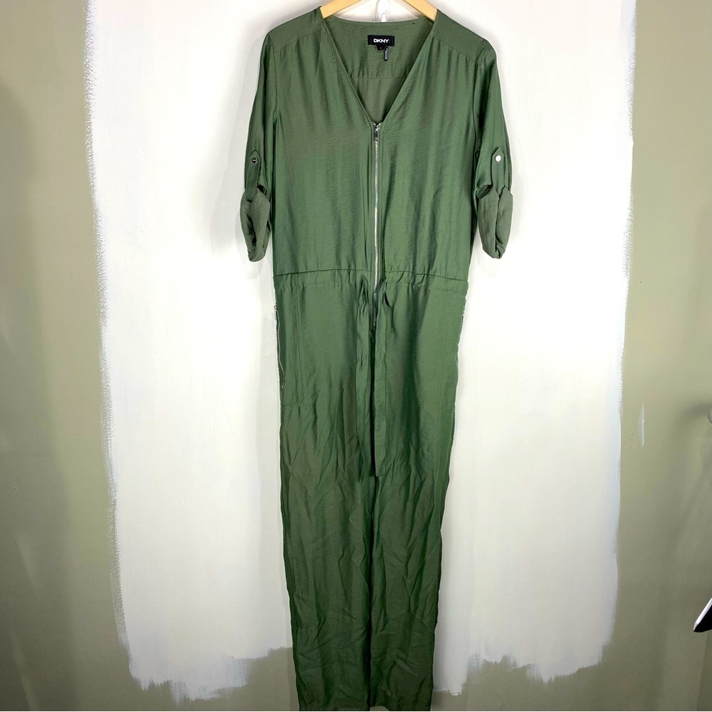 DKNY Utility Cargo Tie Front Waist One Piece Zip Up Jumpsuit Army Green Size 4